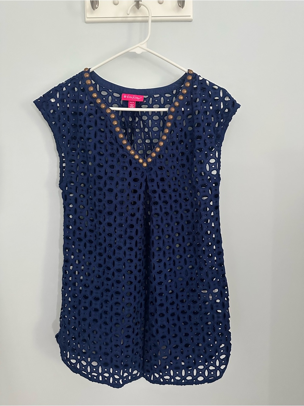 Lilly Pulitzer Navy Blue Eyelet Cover Up with Gold Stud Neckline- XS